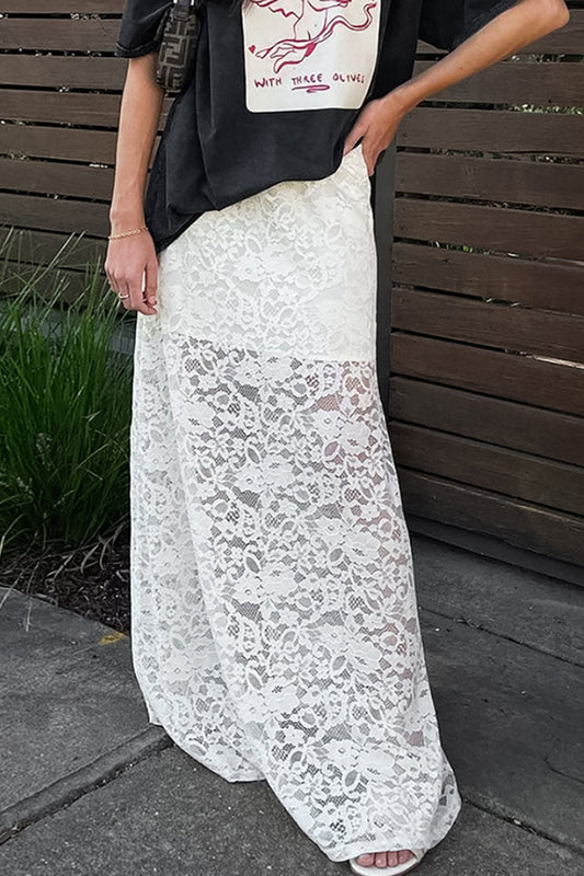 Jupe trapèze taille haute en dentelle blanche transparente