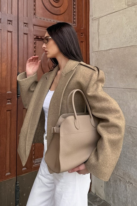 Blazer vintage en laine unie à col large et manteau court