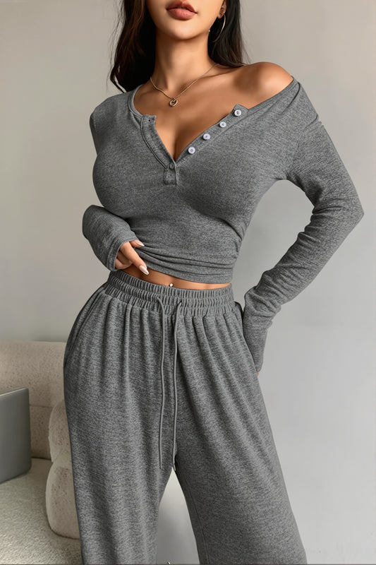 Basic Button Front Off Shoulder Pants Set