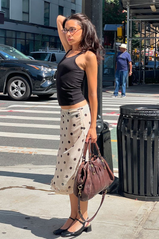 Jupe trapèze taille haute en satin à pois