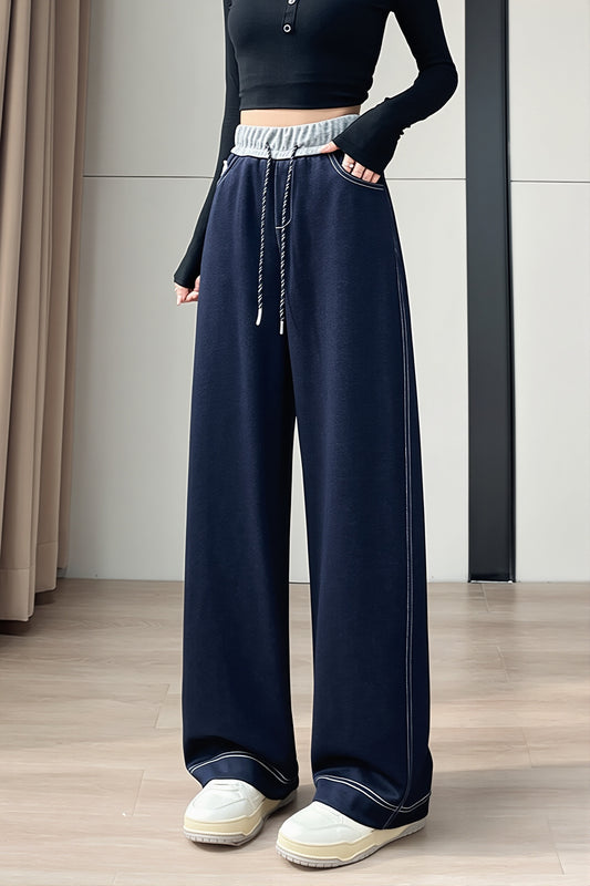 Contrast Waist Drawstring Wide Leg Jeans