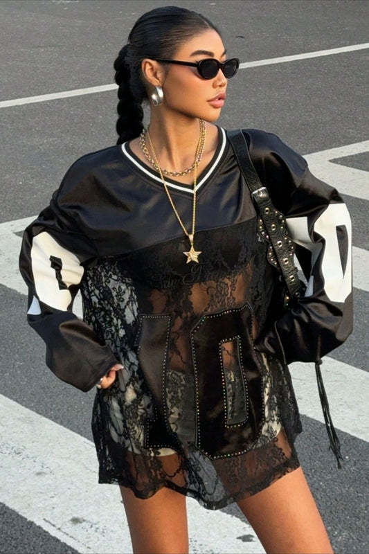 Sweat-shirt à imprimé col V transparent en dentelle