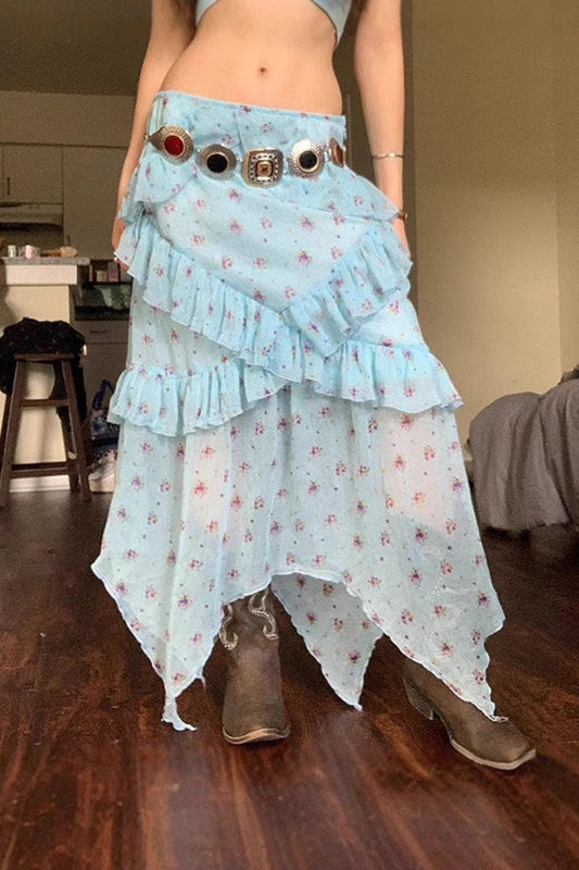 Jupe trapèze asymétrique à volants et taille basse à fleurs transparentes