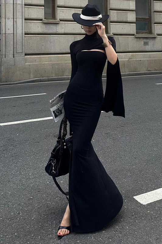 French High-End Solid Slim Asymmetric Long-Sleeve Maxi Dress