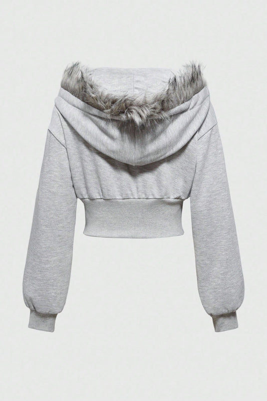 Faux Fur Trim Corset Zip Hoodie