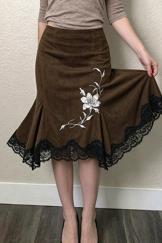 Floral Embroidered Lace Hem Midi Skirt