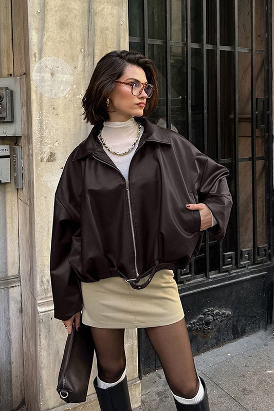 Veste de moto en similicuir marron