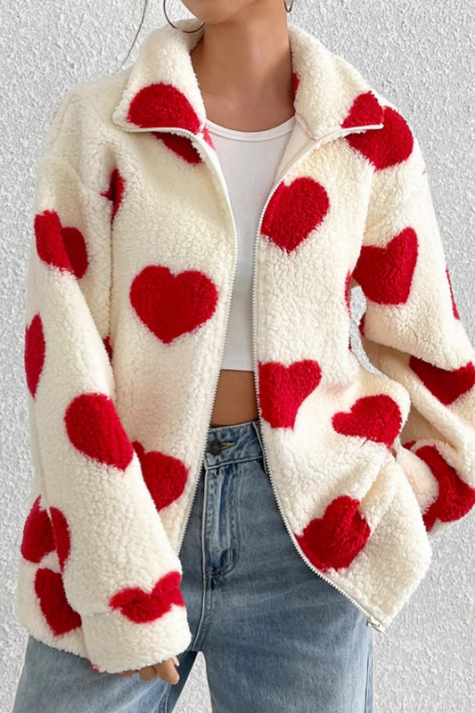 Fuzzy Heart Print Oversized Long Sleeve Zip Outerwear