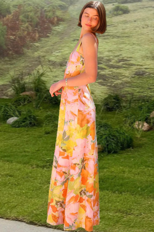Robe longue fluide sans manches à imprimé floral pour les vacances
