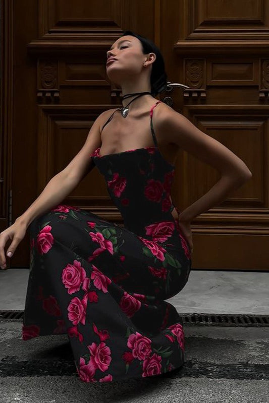 Robe longue sexy à imprimé floral et dos nu avec lien à nouer
