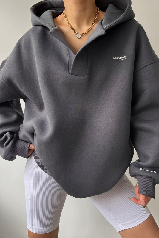 Solid V Neck Oversized Hoodie