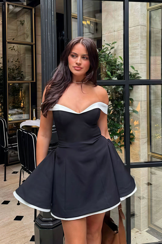 Elegant Color Block Ruffle Off Shoulder Mini Dress