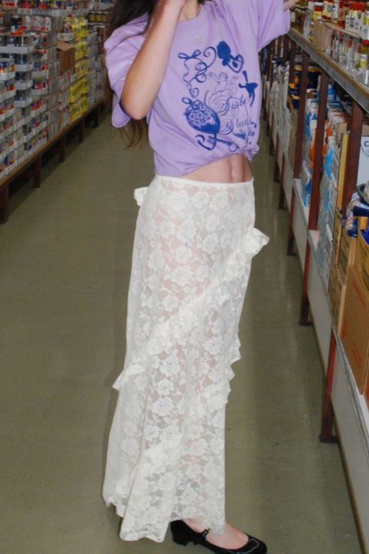 Jupe longue moulante à empiècements en dentelle