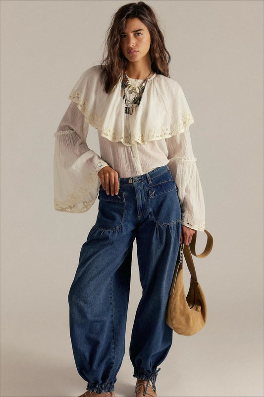 Jean large taille mi-haute froncé