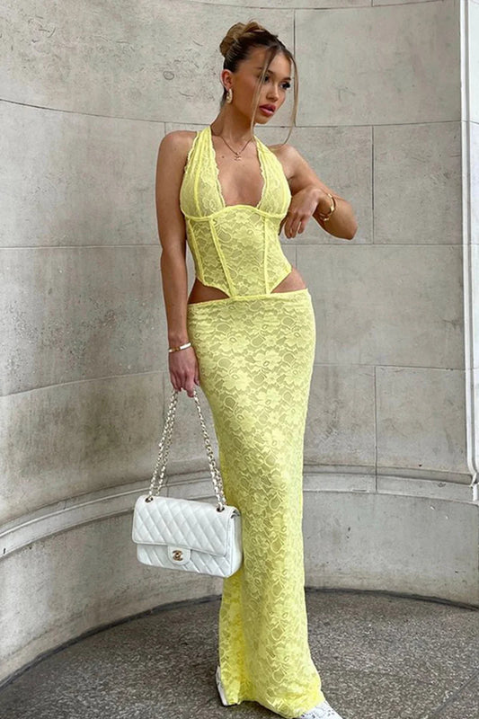 Robe longue sexy fendue à taille creuse et dos nu