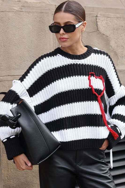 Loose Striped Crew Neck Long Sleeve Knit Sweater