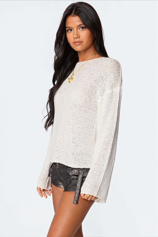 Sheer Open Knit Crew Neck Sweater