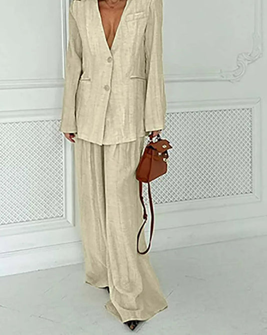 Ensemble deux pièces kaki ample avec col en V profond et pantalon de bureau