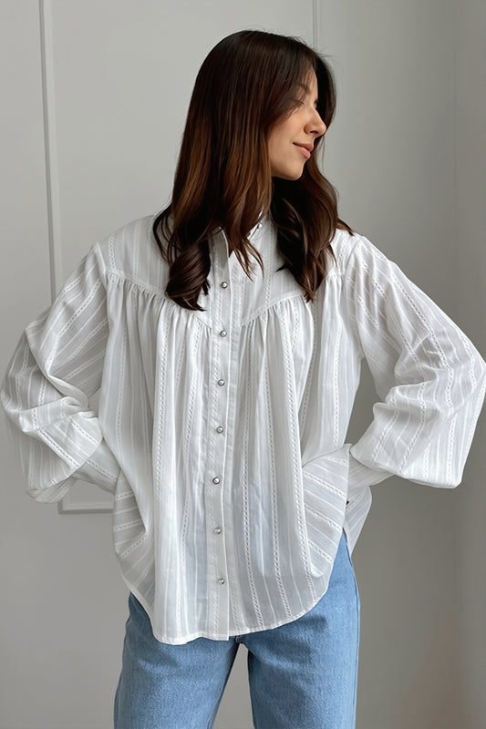 Textured Stand Collar Button Blouse