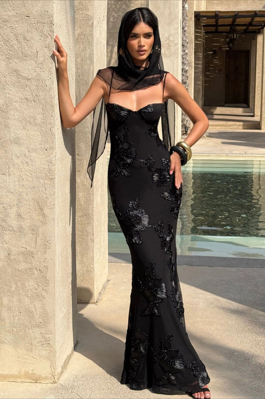 3D Applique Bone Pad Tie Back Solid Prom Dress