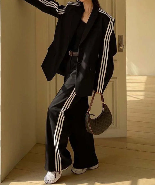 Ensemble deux pièces de bureau avec pantalon taille haute en patchwork noir