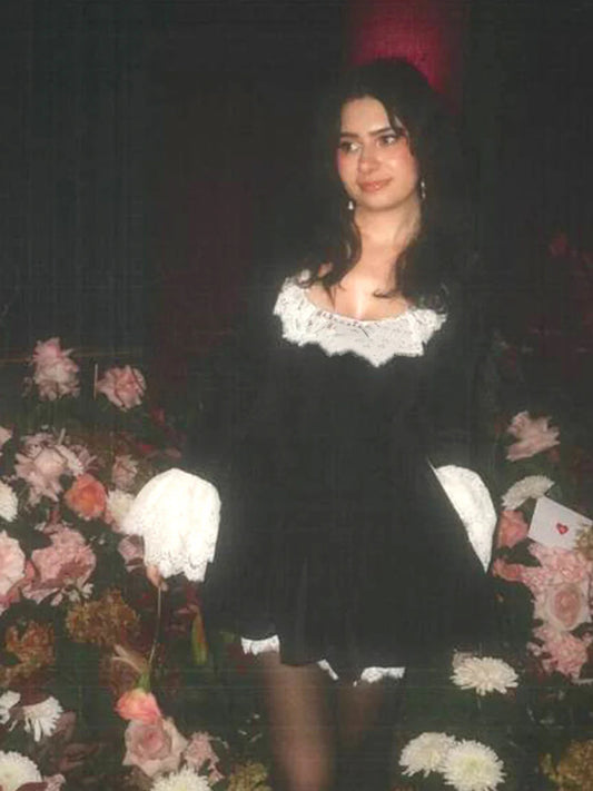 Robe de soirée sexy à empiècements en dentelle, col carré, manches longues, taille haute