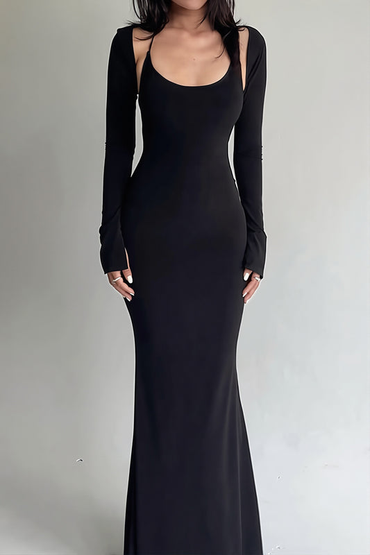Open Back Overlay Sleeve Bodycon Maxi Dress