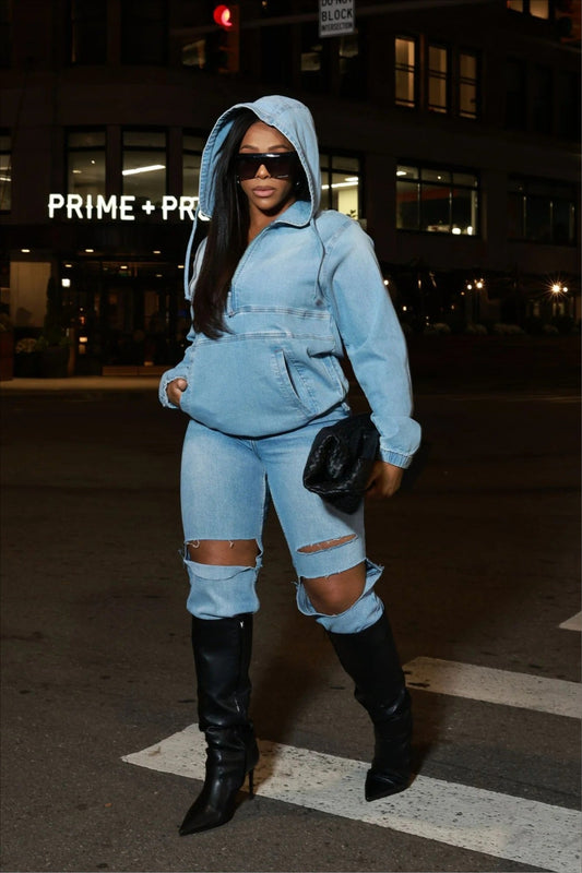 Sweat à capuche en denim délavé Street Style