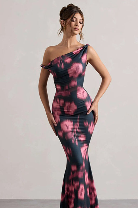 Robe longue sirène à imprimé floral et nœud asymétrique