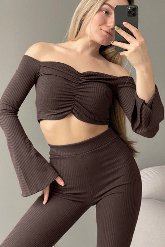 Off Shoulder Long Sleeve Top and Flare Pants Set
