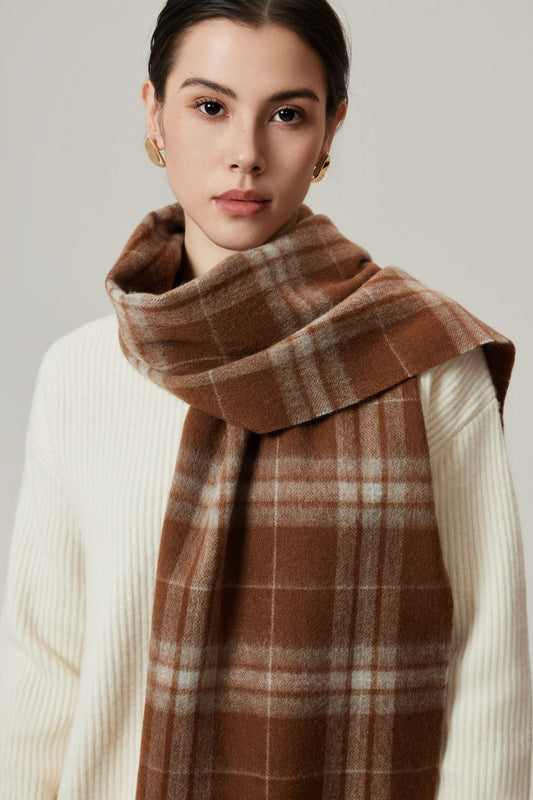 100% Wool Plaid Fringed Minimalist Scarf