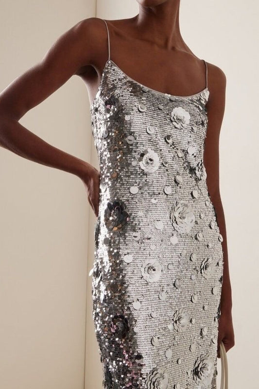 Silver Sequin 3D Flower Elegant Prom Dress