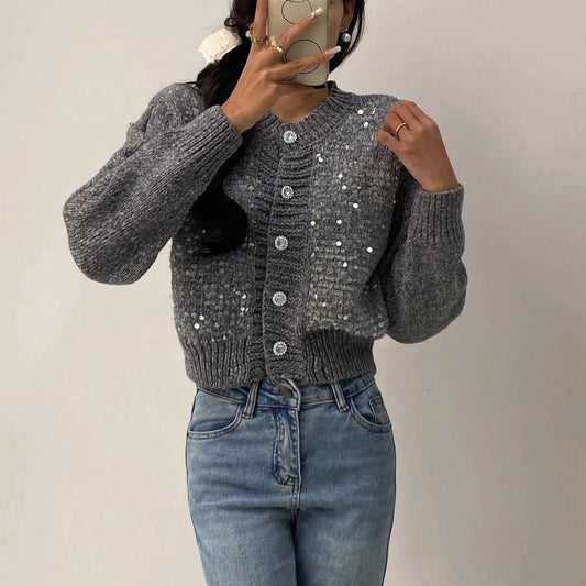 Sequined Knit Long Sleeve Cardigan Gray / One Size Cardigan-241208