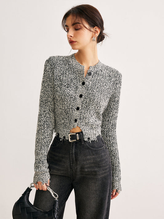 Raw Hem Button Slim Knit Top Knit Tops