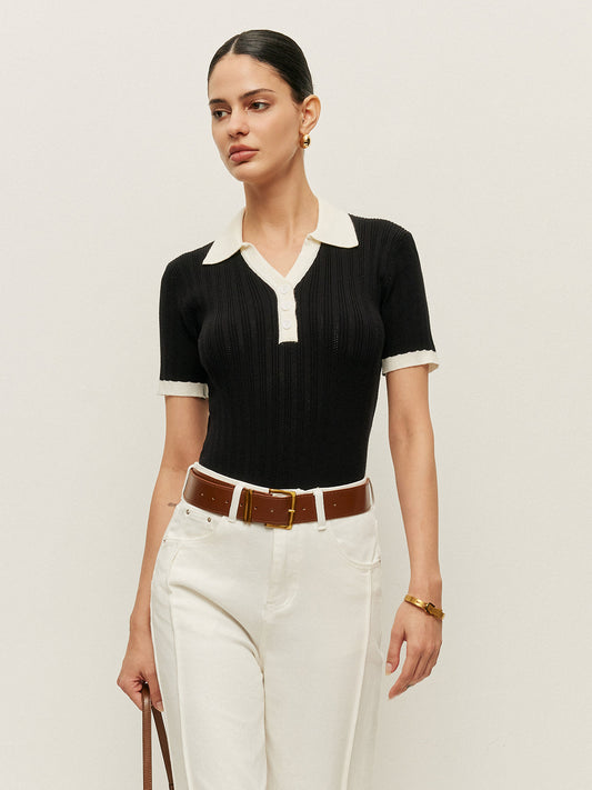 Collared Button Detail Ribbed Knit Top Black / S Knit Tops