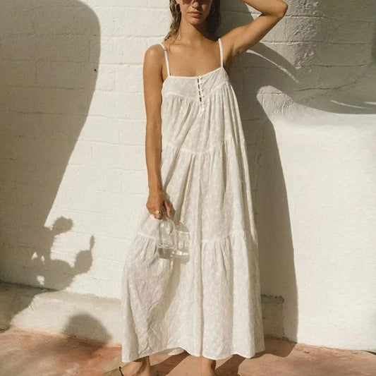 Boho Beach White Cotton Lace A-line Dress WHITE / S bohodress-250126