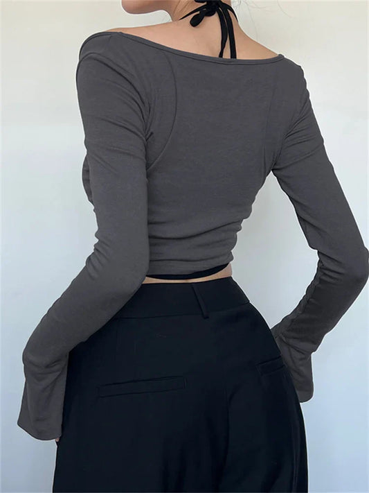 Halter Tie-Upoff Shoulder Patchwork Long Sleeve Slim Fit T-Shirts