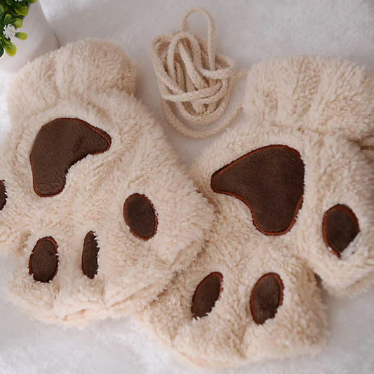 Cartoon Cat Girl Fluffy Bear Paw Winter Half Finger Christmas Gloves Beige / One Size Gloves-L