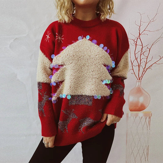Sequins Christmas Tree Deer Jacquard Crew Neck Sweater Red / S Sweaters-L