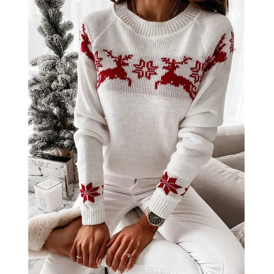 Casual Long Sleeve O-Neck Pullover Deer Knitted Christmas Sweater Sweaters-L