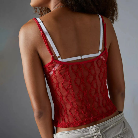 Haut court à col carré en maille transparente