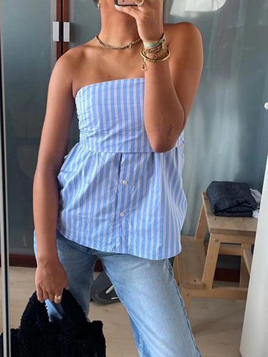 Haut court tube sans bretelles à rayures