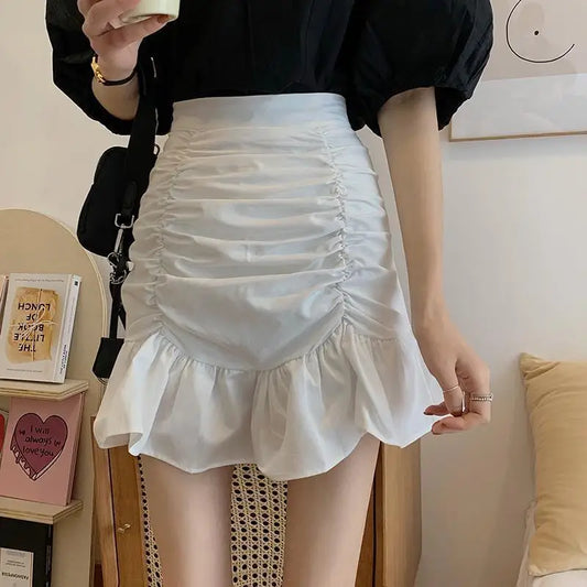Ruffle Sweet Mini Skirt White A-Line Solid Cute
