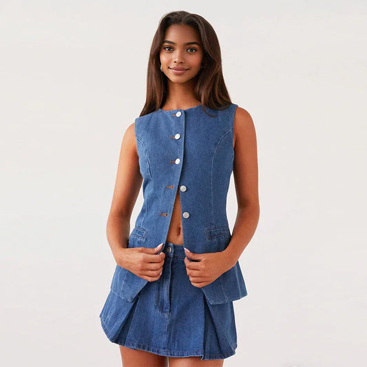 Ensemble de bureau deux pièces en denim uni à boutons sans manches