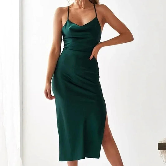 Elegant Satin Long Dresses Green Party Sexy Evening Backless Summer Christmas Dress Dresses-L