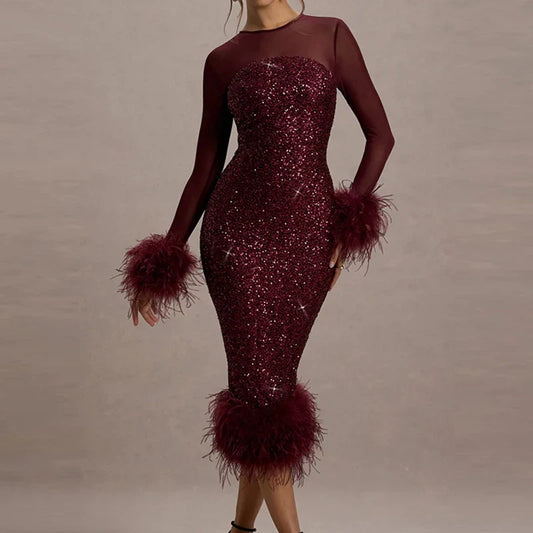 Sequin Mesh Backless Casual Party Dress 02 Red / S Partydress-241208