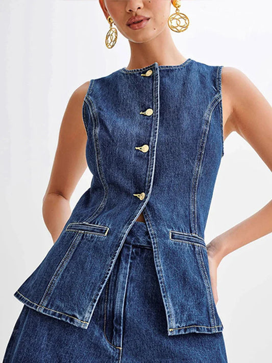 Ensemble deux pièces en denim à col rond et short sans manches pour le bureau
