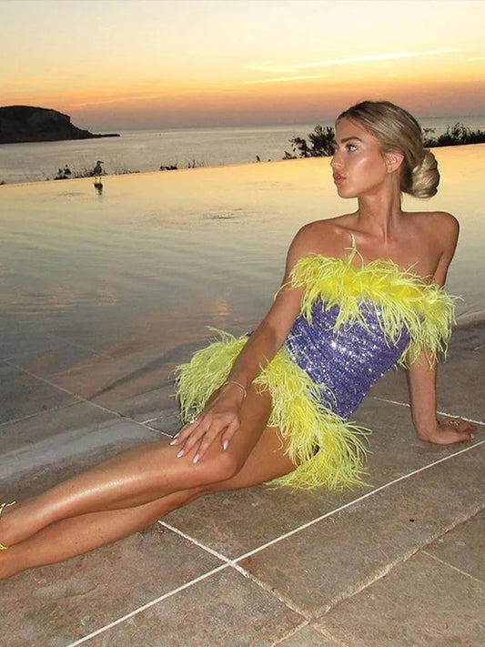 Feather Sequins Bodycon Mini Party Dress Purple / S Partydress-241208