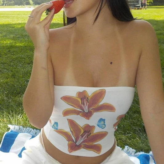 Haut court bandeau cache-cœur fleuri