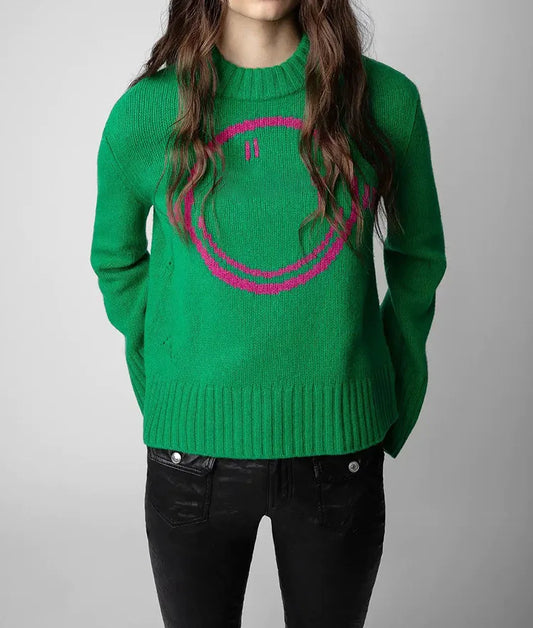 Happy Face Casual Fashion Round Neck Wool Knitted Green Christmas Sweater / S Sweaters-L